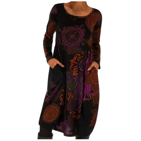 Awdenio Winter Dress Women Casual Hedging Print Ethnic Style Long Skirt Long Sleeve Loose Dress