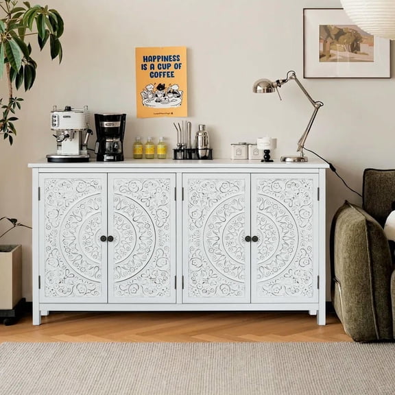 Resenkos 60" White Accent Cabinet with 4 Doors, Rustic Wood Sideboard Pantry Storage Buffet for Home Decor, Antique White