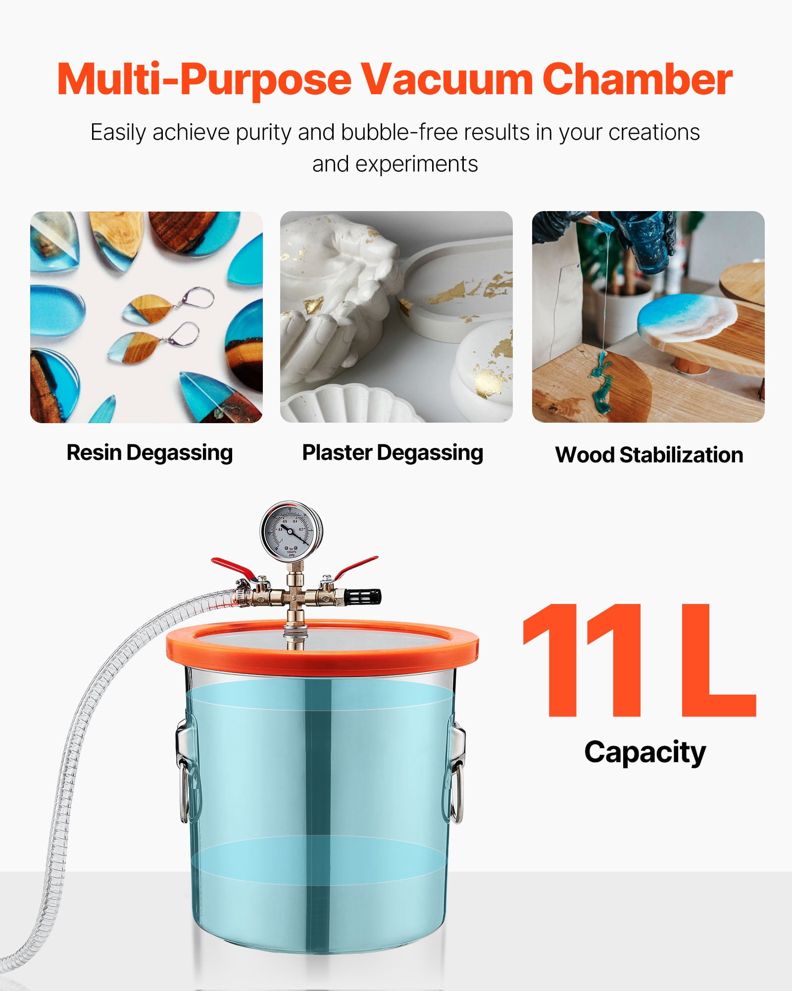 VEVOR 3 Gal Vacuum Chamber with Pump, 3.5 CFM, Stainless Steel Degassing Chamber Kit, Single Stage Vacuum Pump, Tempered Glass Lid, 4.92 ft Hose, Oil, for Stabilizing Wood Degassing Silicone Resin