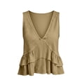 thumbnail image 3 of Cotton Linen Tank Tops Going Out Top Fitted Tank Tops Linen Tank Tops Peplum Tank Tops for Women V Neck Ruffle Tank Top Women's Babydoll Tops Summer Linen Tank Tops Brown 2XL, 3 of 7
