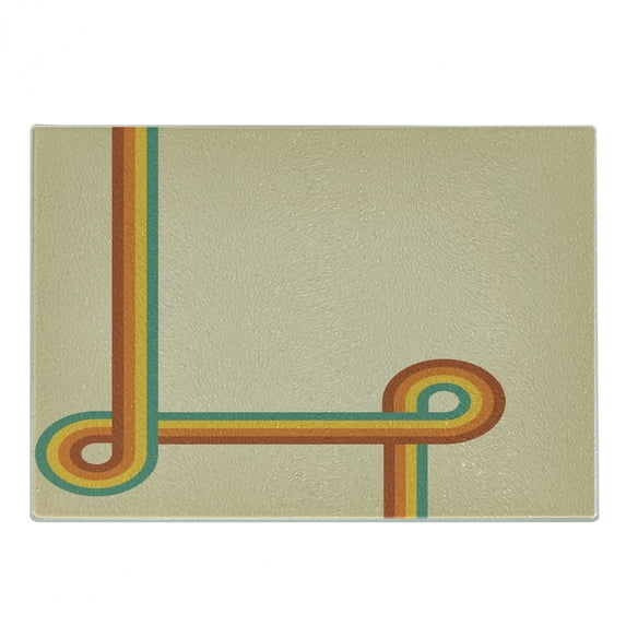 1970s Cutting Board, Geometric Style Swirled Lines Pattern with Colorful Design on Beige Toned Background, Decorative Tempered Glass Cutting and Serving Board, in 3 Sizes, by Ambesonne