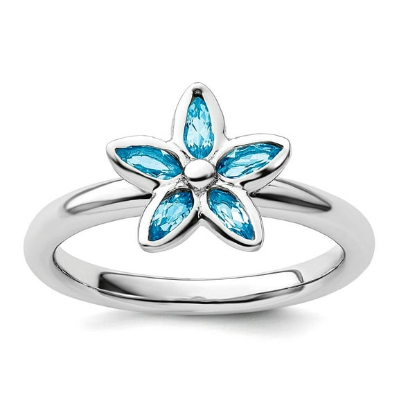 925 Sterling Silver Bezel Polished Stackable Blue Topaz Flower Ring Size 5 Stackable Ring for Women