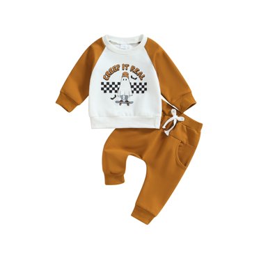 SUNSIOM Boy Autumn Clothes Contrast Color Ghost  Letter Pattern Long Sleeve Sweatshirt Elastic Waist Pants 2Pcs Outfit