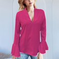 thumbnail image 2 of Holzkary Women's Long Bell Sleeve Tops Ruffle Blouse for Work Dressy Casual Work Tunic Shirts Clothes 2025 Fashion V Neck Drilling Solid Color Long Sleeve Blouses Light Weight Work Shirts Hot Pink L, 2 of 5