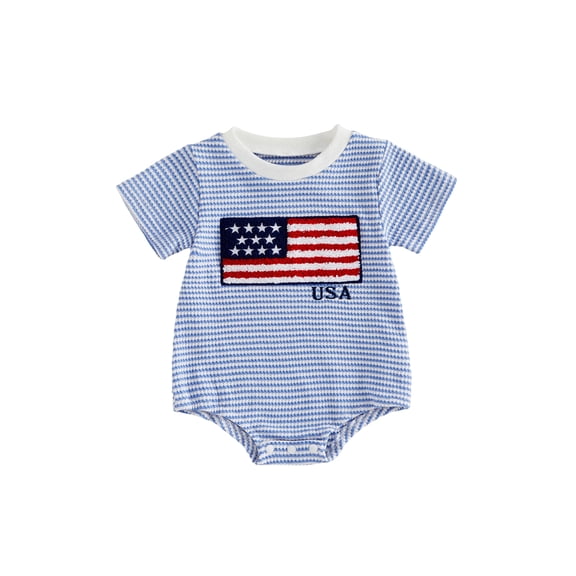 BemeyourBBs Newborn Baby Boy Girl 4th of July Outfit Infant Baby Independent Day Patriot Clothes Waffled Bubble Romper Stripe America Flag Short Sleeve Bodysuit Baby Boy Girl Summer Clothes