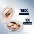 thumbnail image 3 of MIRRORVANA Small Compact 15X Magnifying Mirror for Travel - Handheld, Foldable & Very Lightweight - Mini Pocket-Sized Magnified Mirror for Purse - Round 3.3” Diameter, 3 of 6