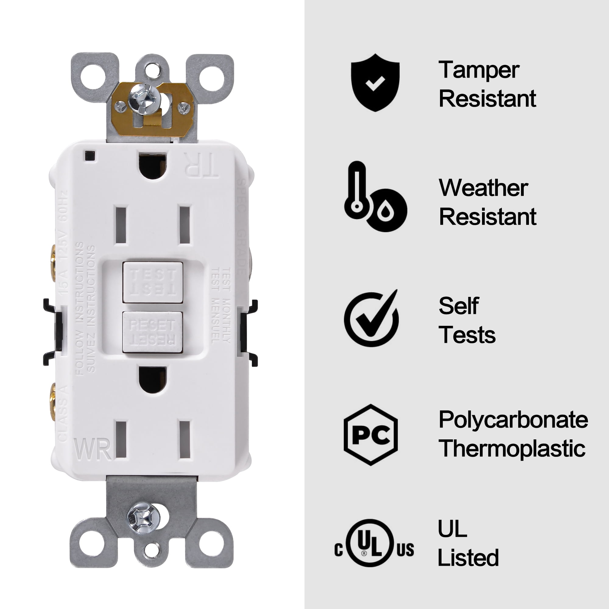 ENERGETIC 15 Amp 125-Volt Duplex Self-Test Tamper Resistant & Weather Resistant GFCI Decorator Outlet, White