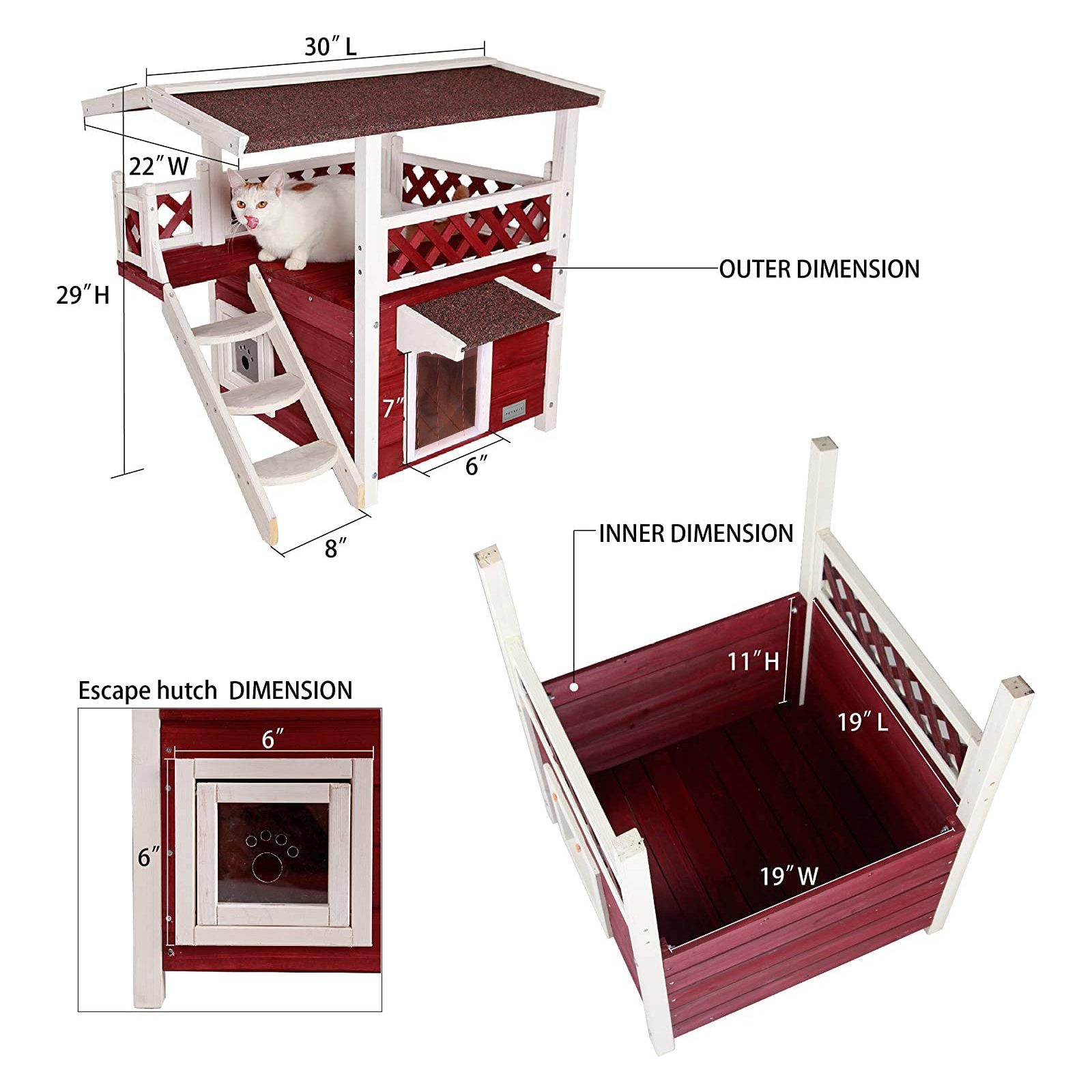 Petsfit Outdoor Cat House for Feral Cats Weatherproof, 2 Story Wooden Kitten Condo with Escape Door Red