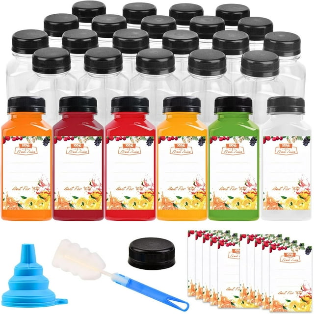 20 Pack 8oz Plastic Juice Bottles with Caps for Juicing & Smoothies, Reusable Empty Clear Bottles with Label, Funnel and Brush, Bulk Beverage Drink Containers with Lids for Mini Fridge, Milk, Water