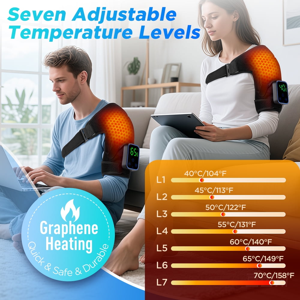 Heated Shoulder Brace Wrap, Cordless Shoulder Heating Pad Massager with Vibration, App Control Detachable Controller, 7 Heat 15-60 Timers, Electric Shoulder Massage for Shoulder Relief Arm Support