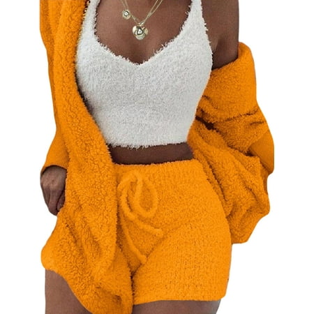 

Niuer Women Outfits Sexy Crop Tops Plush Cardigan and Casual Shorts Jersey Sleepwear Pajamas Lounge Set