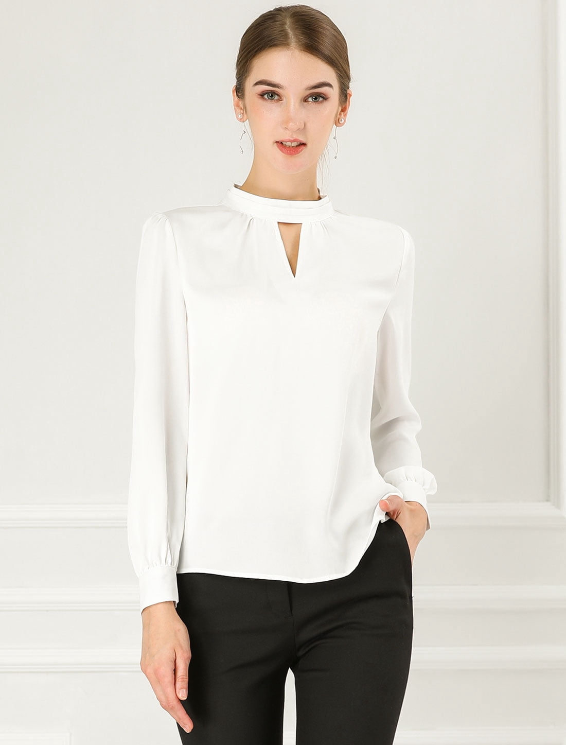 DARING DIVA Women's Stand Collar Long Sleeve Office Blouse 3XL White