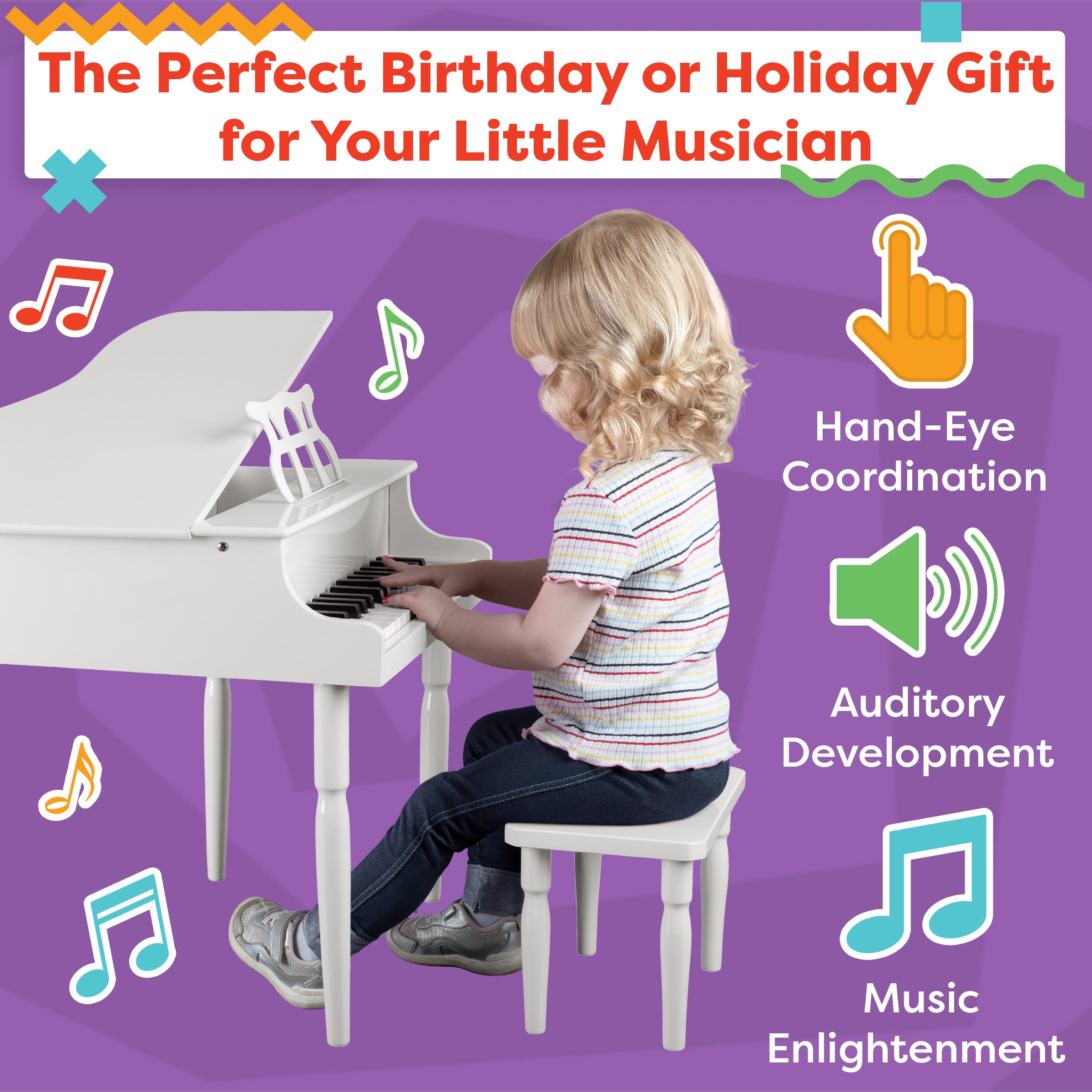 Hey Play Kids Piano - 30 Key Mini Grand Piano with Music Stand and Bench