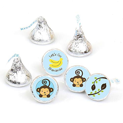 Blue Monkey Boy - Baby Shower or Birthday Party Round Candy Sticker Favors - Labels Fit Chocolate Candy (1 Sheet of 108)