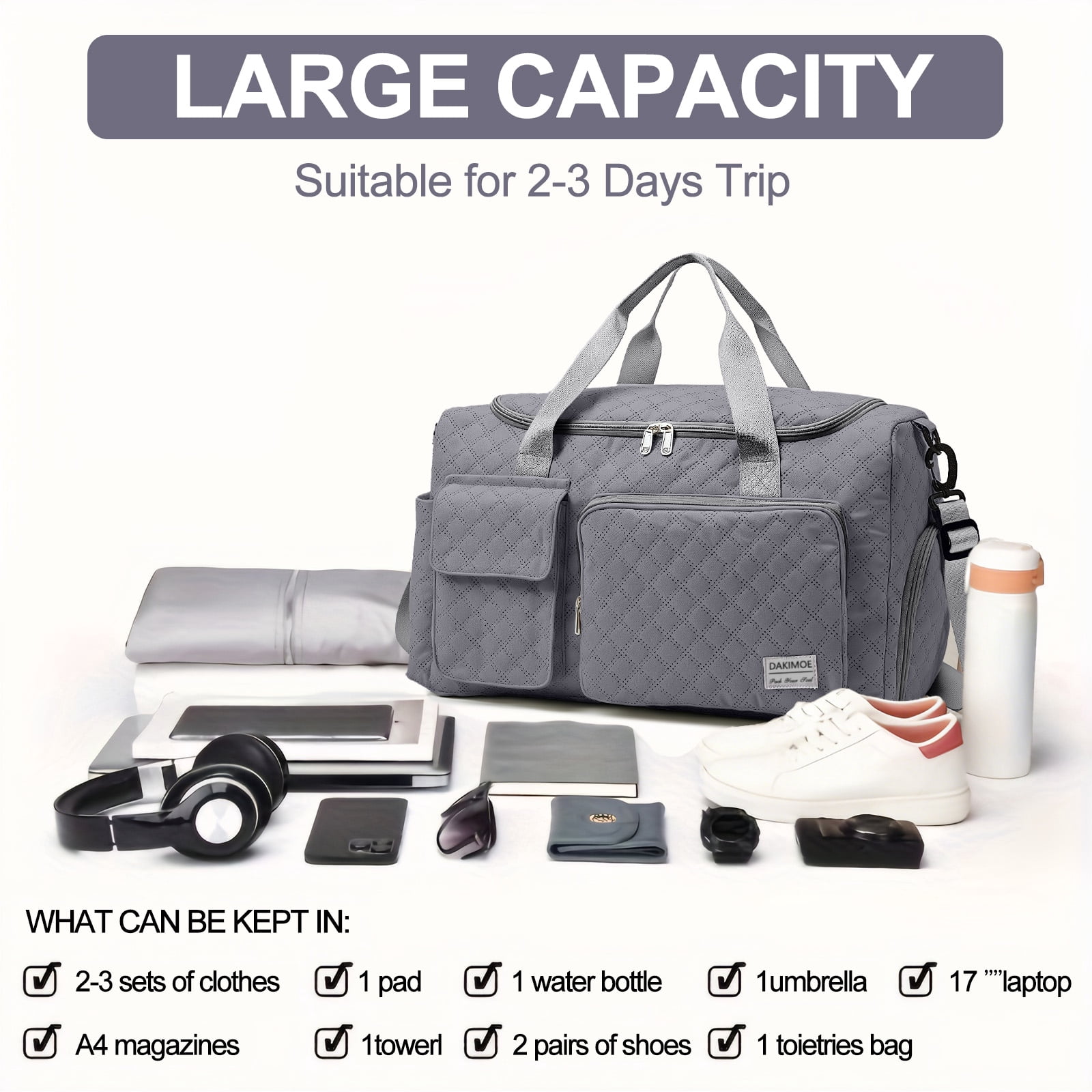 DAKIMOE Travel Duffle Bag for Women Men, Weekender Overnight Bags Carry on Gym Bag with Wet Pocket/Adjustable Strap/Shoe Compartment, Foldable Waterproof Duffel Tote for Plane Sports Dance, Gray