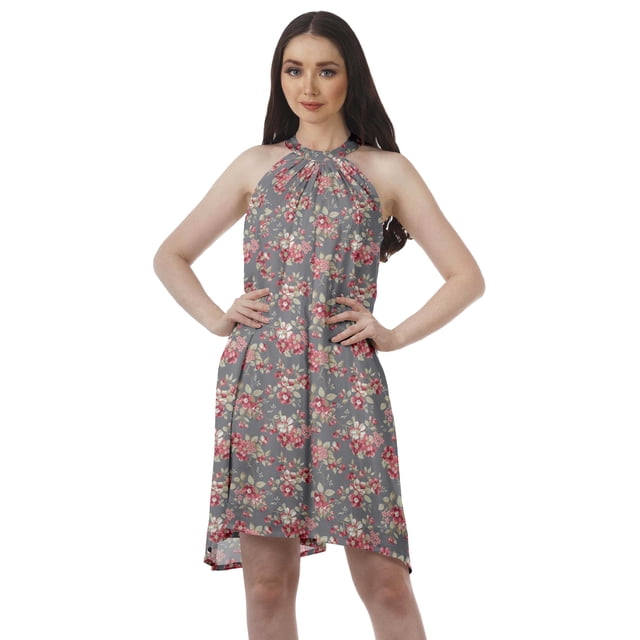 Moomaya Robe Tunique Imprimée Robe Débardeur Robe Évasée Robe à Col Licou Mini Robe d'Été