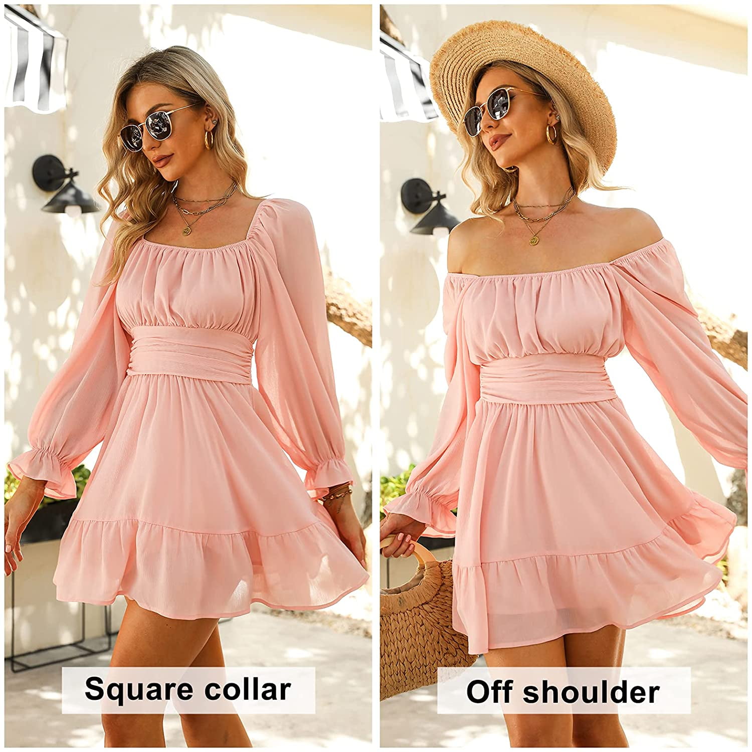 Women Tie Back Long Lantern Sleeve Square Neck Ruffle Dress Elastic Waist Aline Casual Mini Dress Walmart Com