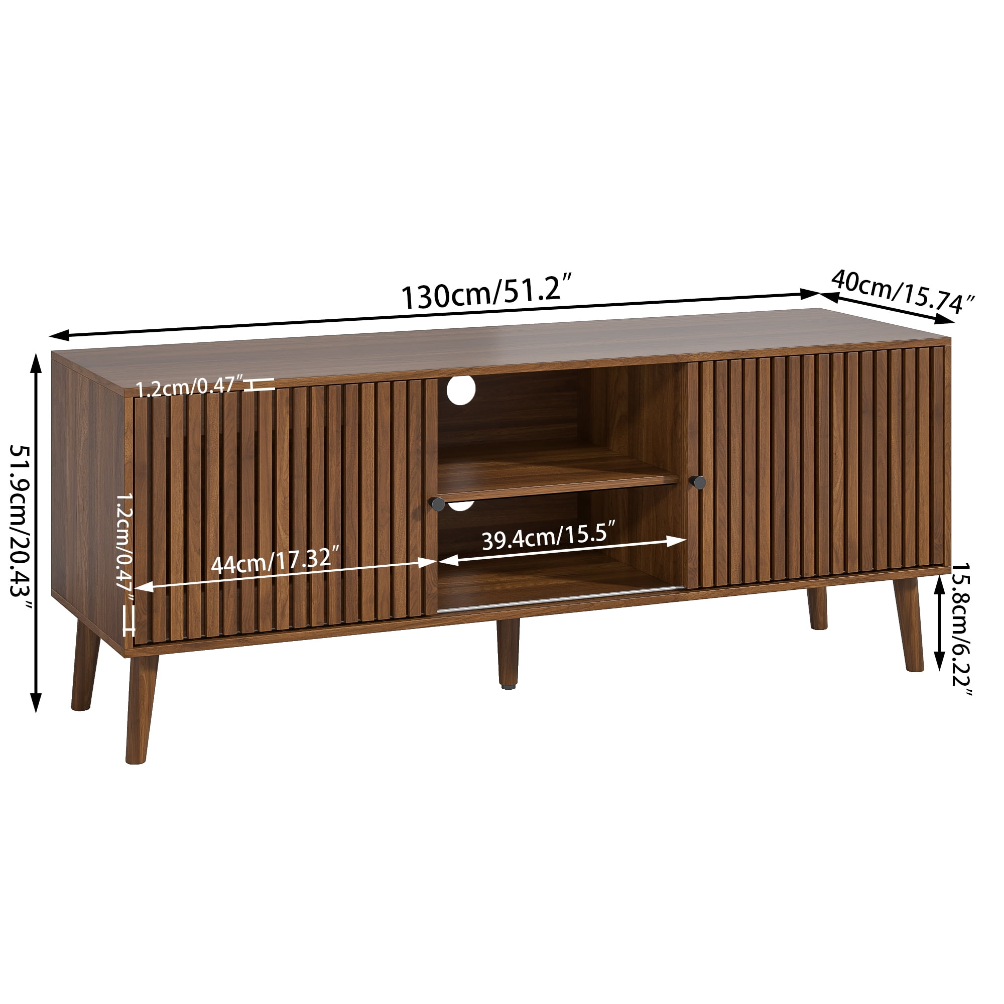 Oubayajia Mid-Century Modern 51" TV Stand for TVs up to 60”, Wood TV Console with Waveform Sliding Doors and Storage, Entertainment Center for Living Room Bedroom, Walnut