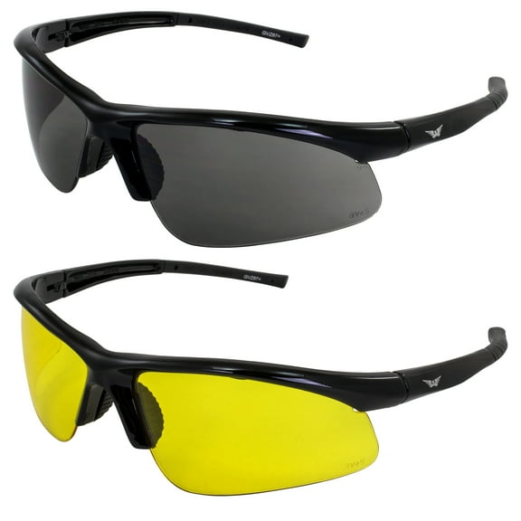 Global Vision 2 Pairs Ambassador Safety Glasses Scratch-Resistant Black Frame w/ Smoke & Yellow Lenses ANSI Z87 