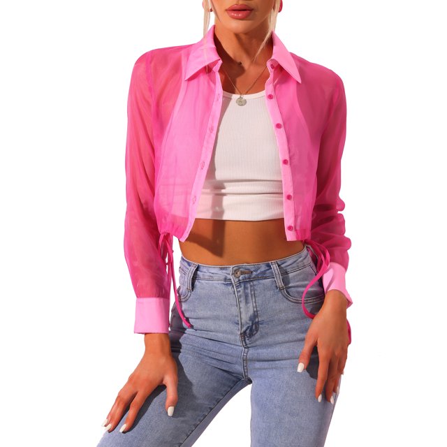INSPIRE CHIC Chemisier à Col Pointu en Maille Transparente à Manches Longues pour Femmes TP Rose Vif