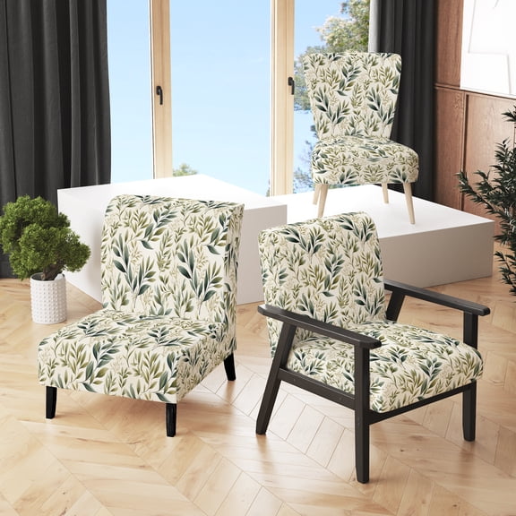 Designart "Leaves In Tranquil Arrangement" Green Leaves Pattern Upholstered Accent Chair - Bohemian & Eclectic Arm Chair For Living Room
