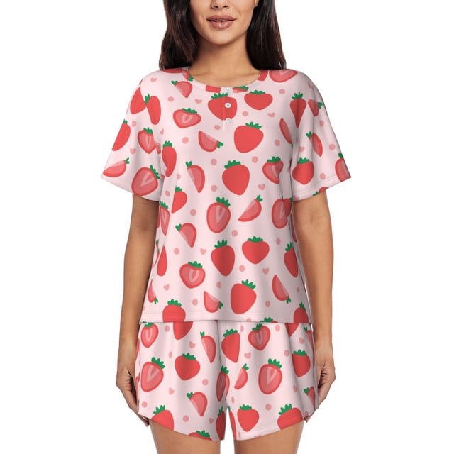 Fotbe Strawberry Conjunto de Pijama Estampado para Mujer, 2 Piezas, Ropa de Dormir con Camiseta de Manga Corta y Shorts Suaves-Small