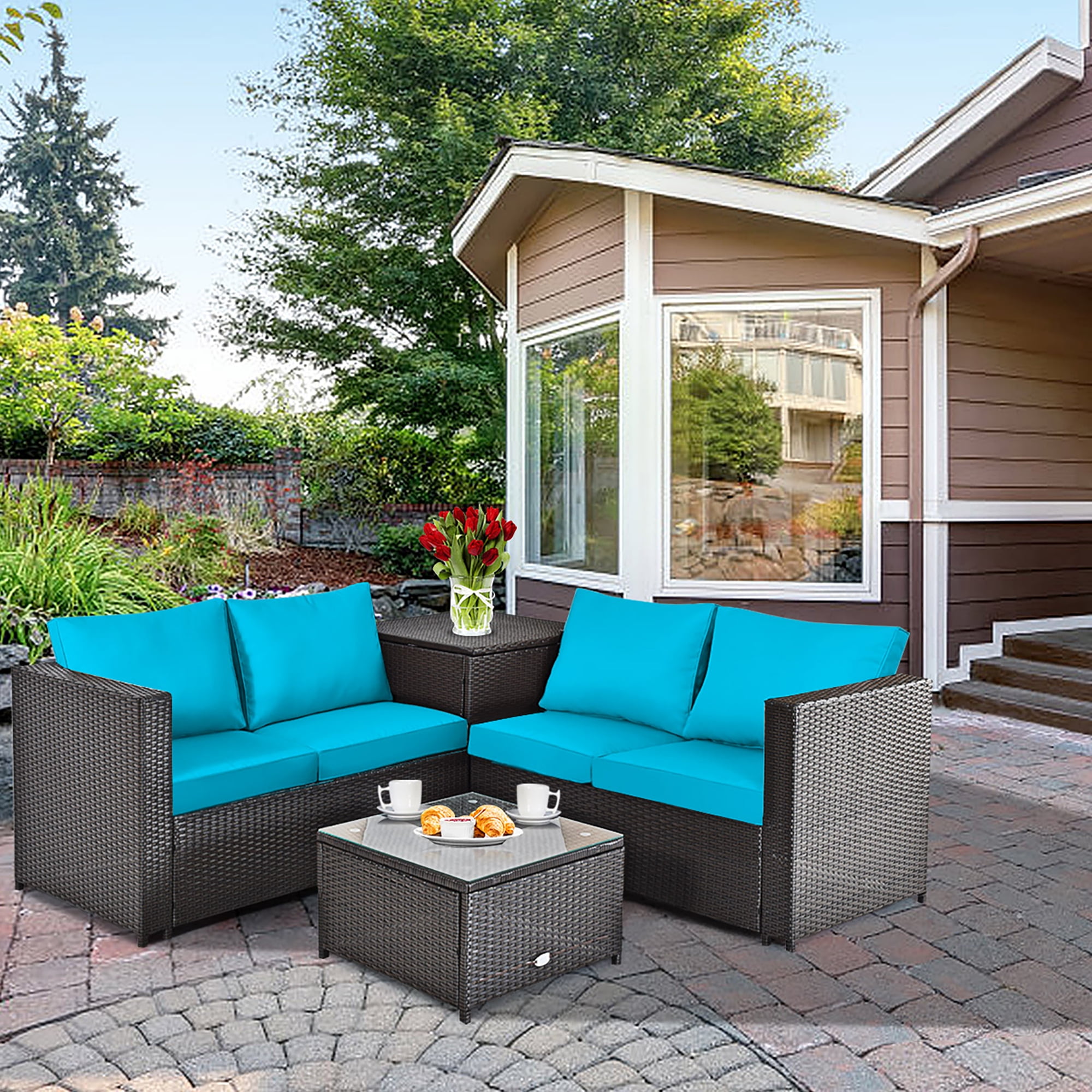 4 Pieces Outdoor Patio Rattan Furniture Set with Cushioned Loveseat and Storage Box Turquoise