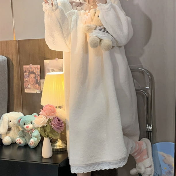 Long Fleece Nightgown, Cute Fleece Nightdress Breathable Fuzzy For Women  For Bedroom Nightgown 