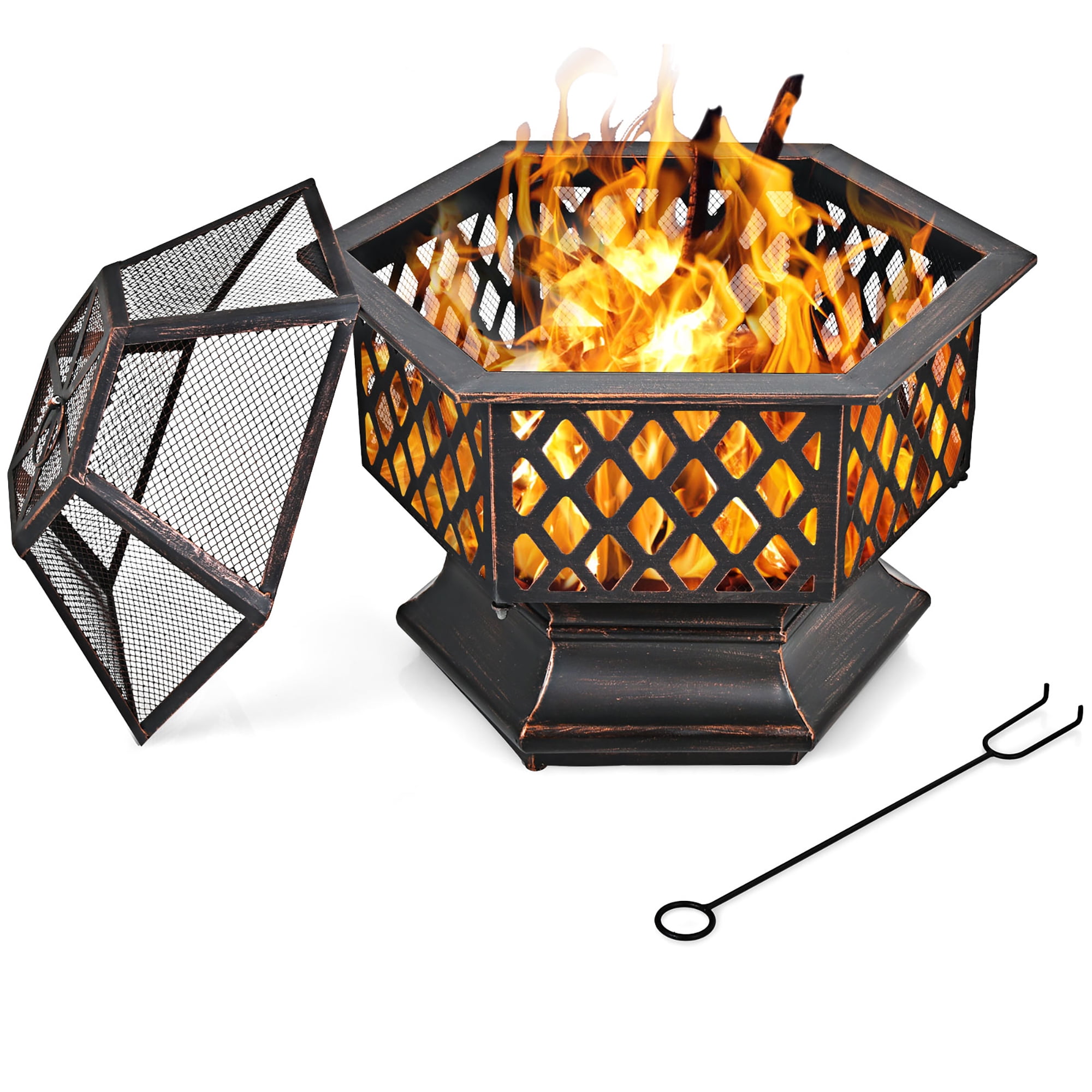 26''Outdoor Hexshaped Fire Pit Wood Burning Bowl W/ Screen Cover and