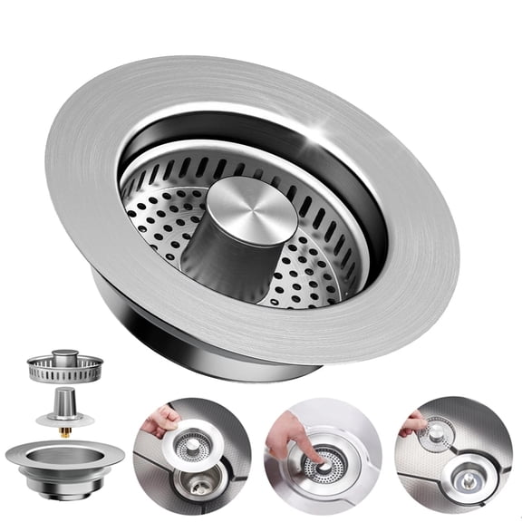 3 in 1 Kitchen Sink Drain Strainer Stopper Drain Basket with All-Metal SUS304 Stainless Steel