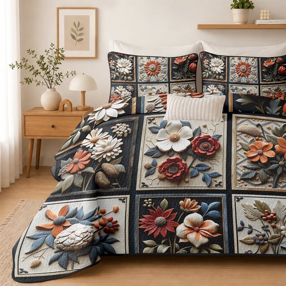 FIVERAM Bedspreads for Queen Size Bed, 3-Piece Vintage Floral Patchwork Quilt Set,Soft Microfiber Reversible Lightweight Bed Cover for Bedroom Decor