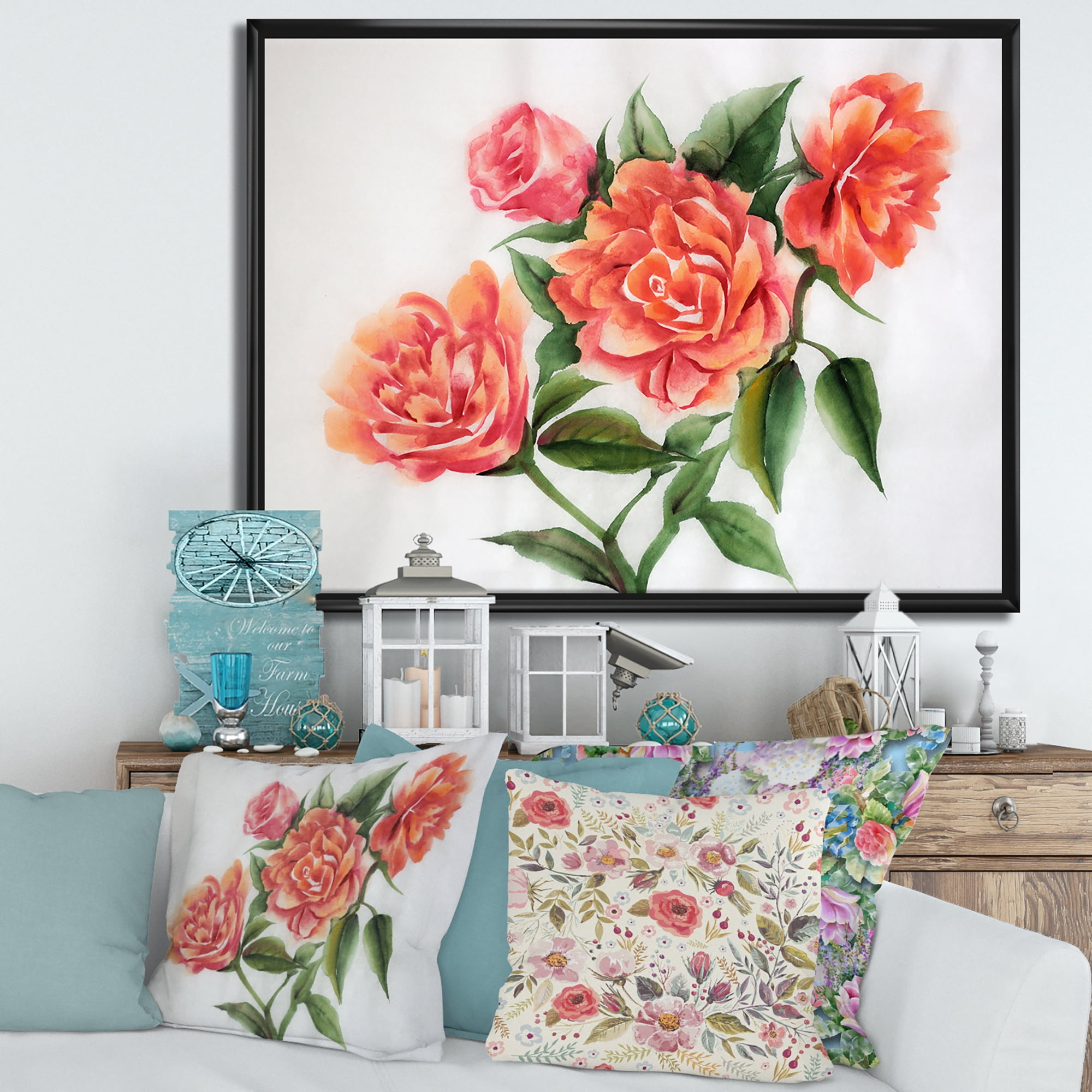 Designart 'Orange VIntage Roses With Green Leaves' Traditional Framed Canvas Wall Art Print