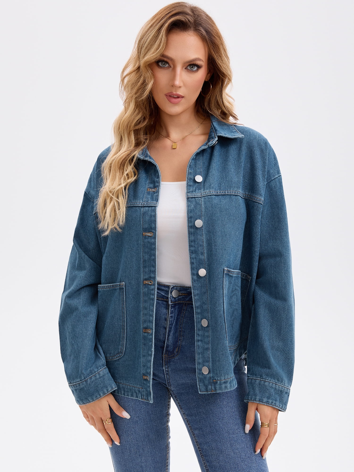 DARING DIVA Women's Long Sleeve Button Down Pockets Western Denim Jacket 2XL Dark Blue