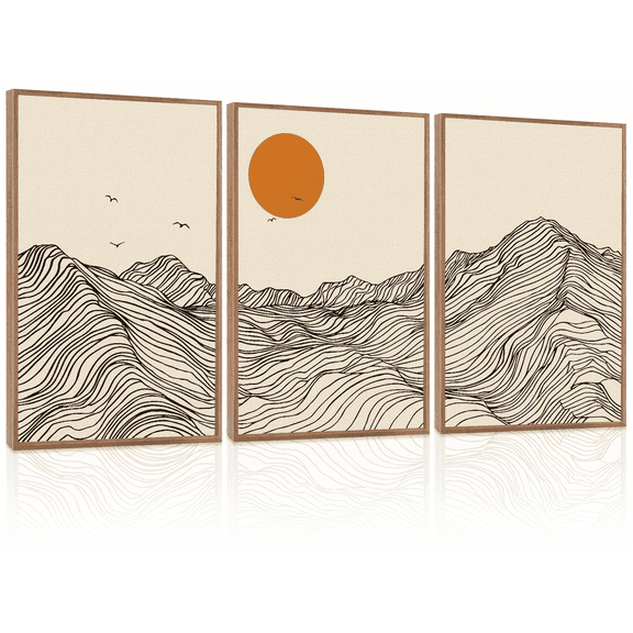 Abstract Large Mountain Wall Art,Geometric Mountains Wall Decor Set of 3(16”X24”)Textured Canvas Bohemian Framed Prints,Big Minimalist Sunrise Wall Art,Boho Sun Wall Decor for Bedroom Living Room