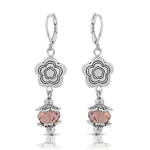 Besheek Handmade Silvertone and Pink Crystal Tibetan Flower Dangle Earrings