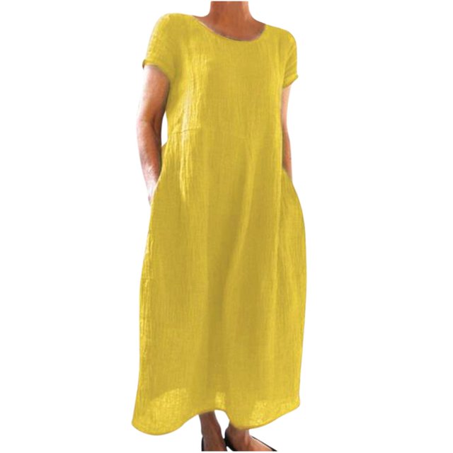 CHOK Robes en Lin de Coton pour Femmes Été Manches Courtes Décontractées Longueur Midi Robes Taille Midi Ample