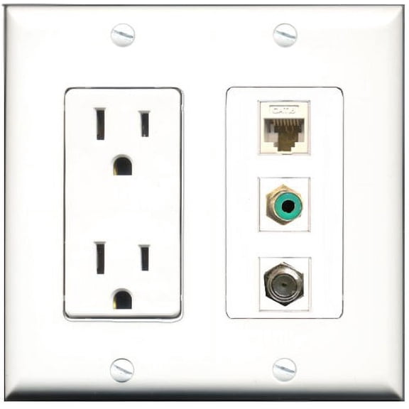 RiteAV - 15 Amp Power Outlet 1 Port RCA Green 1 Port Coax 1 Port Cat6 Ethernet Ethernet White Decorative Wall Plate