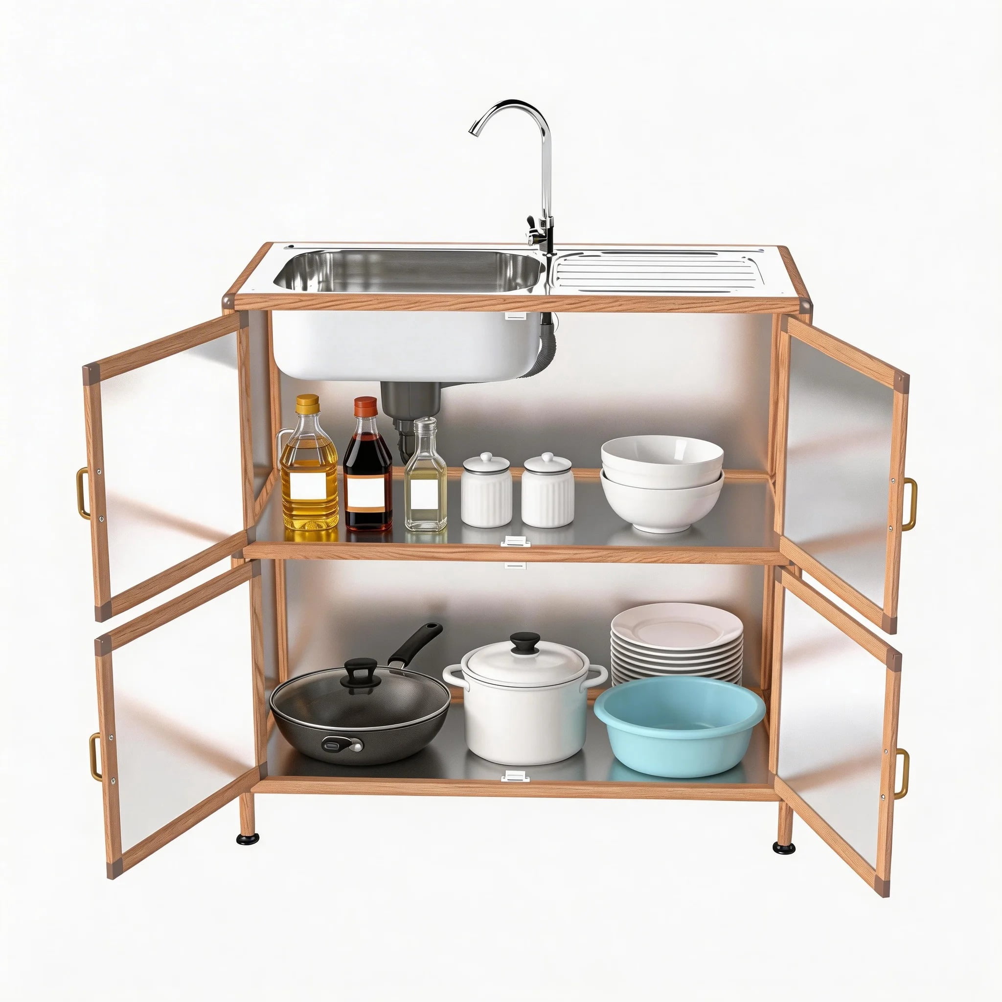 Freestanding Utility Sink with Cabinet and Stainless Steel Basin, Laundry Room Sink and Outdoor Sink Station with Storage and Faucet, Natural Wood