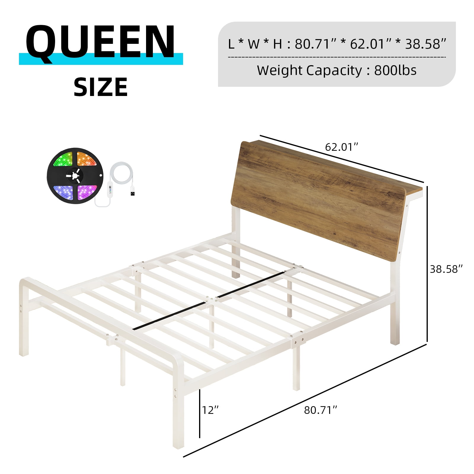 4 EVER WINNER Queen Bed Frame with Storage Headboard and LED Light, Metal Platform Bed Frame with Wooden Headboard, No Box Spring, Brown and White