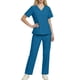 thumbnail image 1 of Conjuntos de uniforme médico para mujer, informal, cuello en V, manga corta, camiseta y pantalones con cintura elástica, color liso, 2 piezas, con bolsillos, 1 of 9