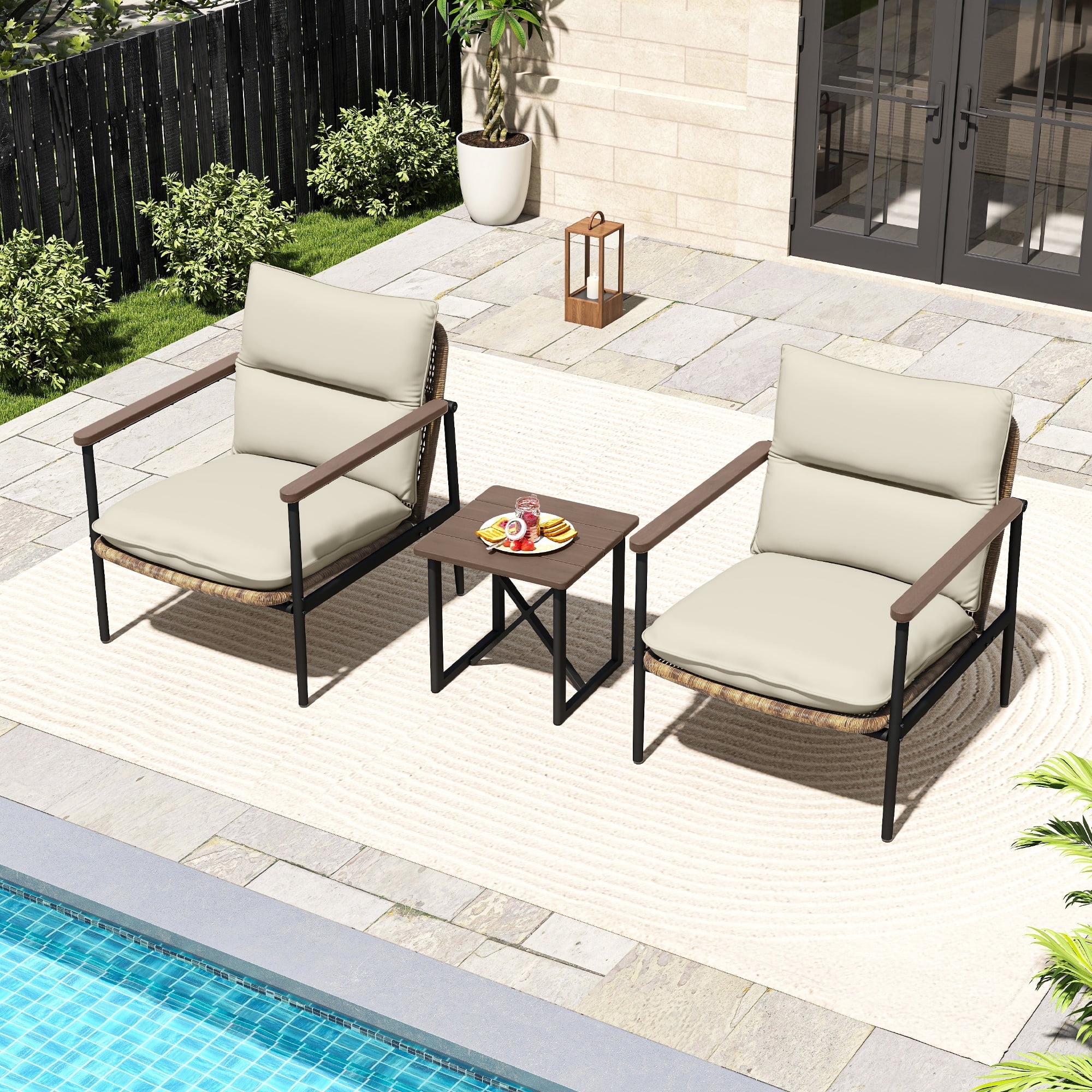 HAPPATIO 3-Pc Aluminum sofa set, Outdoor Conversation set, Patio Sofa x2, Side Table, Wicker Seatback, Acacia Wood Armrest, for Garden, Backyard