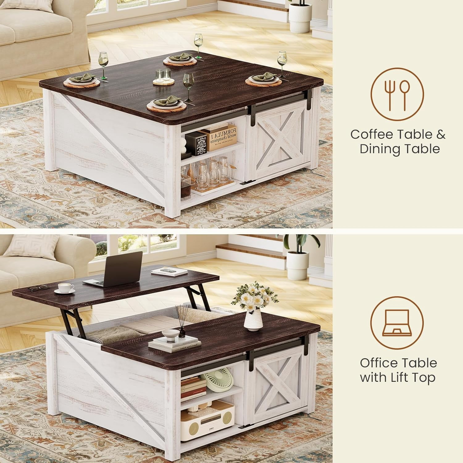 31.5" Square Lift Top Coffee Table, Farmhouse Coffee Table with Ample Storage, Wood Center Table with Sliding Doors and Large Hidden Space for Living Room Home Office, Vintage White