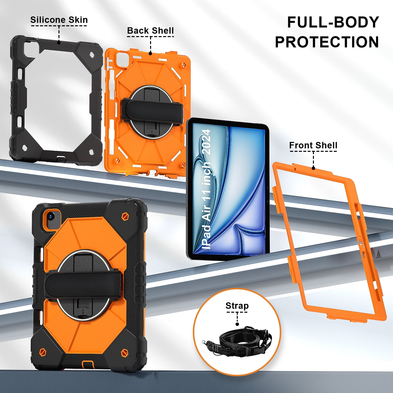 for iPad Air 13 inch (M2) 2024 Case, Military Grade Heavy Duty Silicone Protection Cover with Pencil Holder + 360 Rotating Stand + Wrist Handle Rugged Cover for iPad Air 13" 2024, Black+Orange