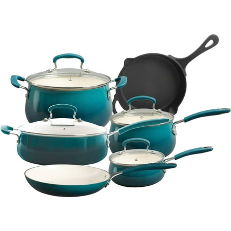 The Pioneer Woman Classic Belly 10 Piece Ceramic Non-stick and Cast Iron Cookware Set, Ocean Teal