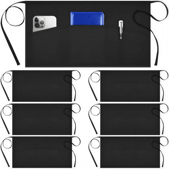 6 Packs Server Apron with 3 Pockets Superabsorbent Resistant Waitress Waiter Waist Apron Polyester 11.5-inch Black