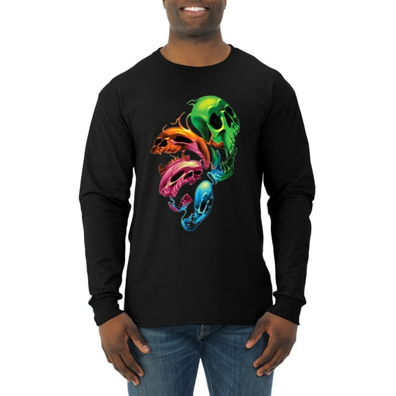 Wild Bobby, Trippy Neon Melting Skulls Mens Long Sleeve Shirt, Black, Small