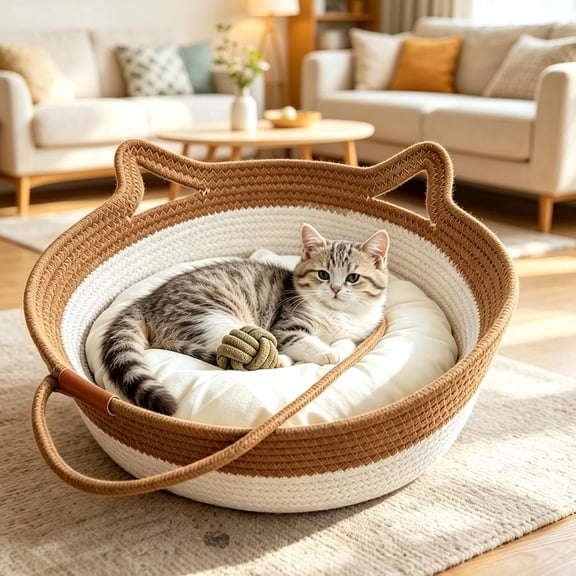 2026 New Handwoven Basket For Cats, Stimulicat Handwoven Cat Basket Bed With Cushion and Hanging Ball Toy