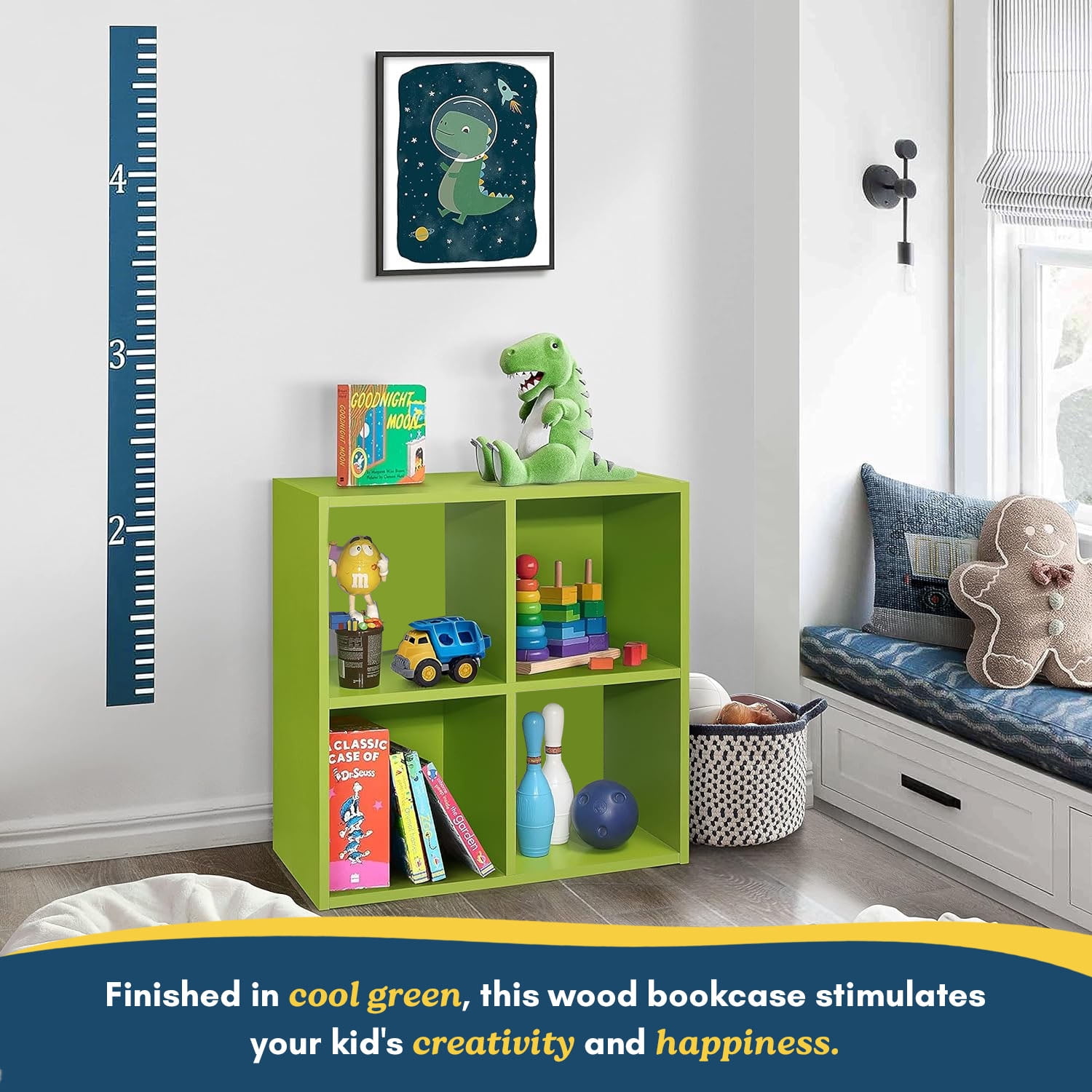 Kings Brand Furniture - 4 Cube Storage Organizer Book Shelf, Toy Storage Organizer for Playroom, Bedroom, Nursery School, Green