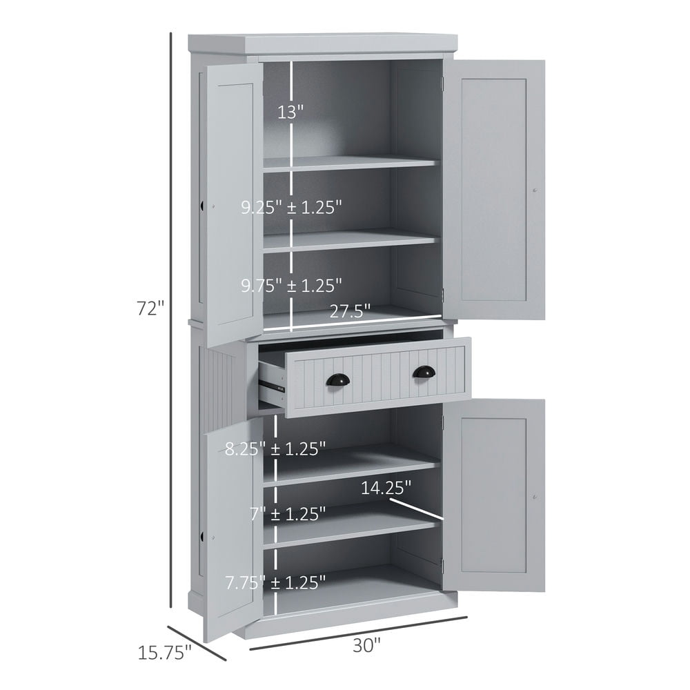GVN Kitchen Pantry,72" Kitchen Pantry Cabinet, Freestanding Tall Storage Cabinet, Traditional Kitchen Cabinet, Gray