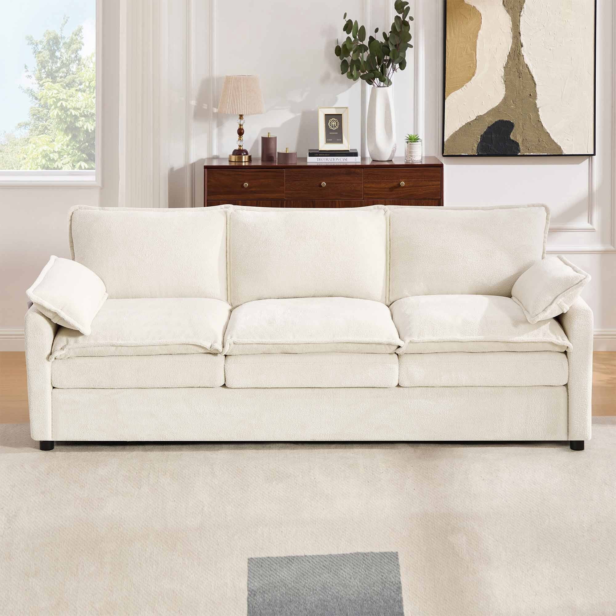 Lunale 3-Seater Sofa with Storage Pockets, Modern Cloud Couch for Living Room, Beige Chenille